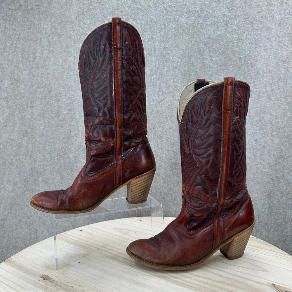 VTG Dingo Cowboy Boots Womens 8.5 Brown Stitched Western Block Heel
